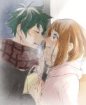  1boy 1girl bag black_coat blush boku_no_hero_academia brown_eyes brown_hair coat commentary_request couple freckles green_hair hand_on_another&#039;s_cheek hand_on_another&#039;s_face hetero holding holding_bag imminent_kiss looking_at_another messy_hair midoriya_izuku pink_coat scarf short_hair sidelocks siyuri915 uraraka_ochako visible_air winter_clothes winter_coat 