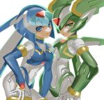 1boy 1girl adapted_costume android bent_over blue_eyes bodysuit breasts capcom green_eyes hand_on_hip harpuia head_tilt helmet leviathan_(rockman) looking_at_viewer medium_breasts rockman rockman_zero scccs2 simple_background smile white_background 