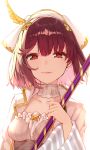  1girl atelier_(series) atelier_sophie brown_eyes brown_hair closed_mouth collarbone detached_collar hair_ornament highres holding holding_staff hoshi_usagi jacket light_smile looking_at_viewer short_hair simple_background solo sophie_neuenmuller staff upper_body white_background white_jacket 
