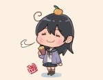  1girl ahoge alternate_costume asashio_(kantai_collection) black_hair chibi closed_eyes commentary_request food food_on_head fruit fruit_on_head full_body hair_between_eyes holding holding_food kantai_collection long_hair long_sleeves mandarin_orange object_on_head otoufu pleated_skirt school_uniform serafuku shadow skirt smile solo standing sweater sweet_potato translated yellow_background 