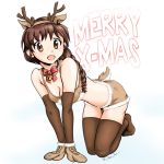  1girl animal_costume animal_ears antlers bell bell_collar blush bra braid breasts brown_bra brown_eyes brown_hair brown_legwear christmas cleavage collar girls_und_panzer gloves highres looking_at_viewer medium_breasts open_mouth ponytail reindeer_antlers reindeer_costume reindeer_ears rukuriri simple_background smile solo tail thigh-highs underwear white_background 