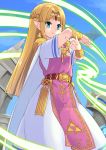  1girl bangs blonde_hair blue_eyes blue_sky blunt_bangs bracelet cerasus closed_mouth clouds commentary_request day dress earrings fingernails floating_island headpiece highres jewelry long_hair looking_at_viewer nintendo outdoors parted_bangs pelvic_curtain pointy_ears princess_zelda short_sleeves sky smile solo super_smash_bros. super_smash_bros._ultimate the_legend_of_zelda triforce very_long_hair white_dress 