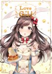 1girl :o animal_ears breasts brown_hair cleavage commentary_request copyright_name english_text eyebrows_visible_through_hair fake_animal_ears food fork highres holding holding_fork holding_plate idolmaster idolmaster_shiny_colors large_breasts light_blush long_hair looking_at_viewer navel pancake pink_eyes plate rabbit_ears sakamuke solo tsukioka_kogane upper_body 