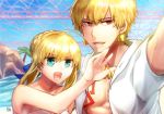  1boy 1girl aqua_eyes artoria_pendragon_(all) bikini blonde_hair blue_ribbon chia_aich collarbone earrings fate/stay_night fate_(series) gilgamesh hair_ribbon highres hood hood_down hooded_jacket jacket jewelry open_clothes open_jacket open_mouth outdoors red_eyes ribbon saber short_hair strapless strapless_bikini swimsuit upper_body white_bikini white_jacket 