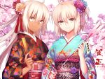  2019 2girls arrow bangs blue_kimono blush brown_eyes brown_kimono closed_fan closed_mouth commentary_request dark_skin eyebrows_visible_through_hair fan fate/grand_order fate_(series) floral_print flower folding_fan gogatsu_fukuin hair_between_eyes hair_flower hair_ornament hamaya hand_up head_tilt highres holding holding_arrow holding_fan japanese_clothes kimono koha-ace light_brown_hair long_hair long_sleeves looking_at_viewer multiple_girls obi okita_souji_(alter)_(fate) okita_souji_(fate) okita_souji_(fate)_(all) orange_flower pink_flower print_kimono purple_flower sash short_hair smile translated tree_branch upper_body very_long_hair white_background wide_sleeves 