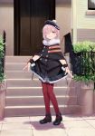  1girl alternate_costume bangs beret black_footwear blush coat commentary_request door eyebrows_visible_through_hair facing_viewer fate/grand_order fate_(series) hair_between_eyes hair_over_one_eye hat highres kerorira looking_at_viewer mash_kyrielight pink_eyes pink_hair red_legwear short_hair skirt smile solo stairs standing wristband 