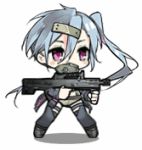  ahoge animated animated_gif ash-12.7 ash-12.7_(girls_frontline) blue_hair boots chibi covered_mouth girls_frontline gun hair_ornament jacket lowres open_clothes open_jacket saru thigh-highs thigh_boots victory_pose violet_eyes weapon wiping_face 