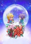  2boys arms_up blonde_hair blue_background blue_jacket chibi closed_eyes commentary_request cup ensemble_stars! flower gradient gradient_background green_scarf hair_between_eyes hair_over_one_eye holding holding_cup holding_lantern holly jacket lantern looking_at_another mug multicolored_hair multiple_boys nito_nazuna open_clothes open_jacket outstretched_legs pants pinecone plaid plaid_pants poinsettia purple_hair red_eyes red_scarf ribbon scarf school_uniform seia_megumu seiza sengoku_shinobu shoes short_hair sitting sleeves_past_wrists snow_globe snowflakes streaked_hair striped striped_ribbon yumenosaki_school_uniform 