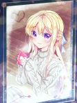  1girl aran_sweater bang_dream! bangs blonde_hair blue_bow blurry blurry_background blush book bow commentary_request cup depth_of_field elbow_rest eyebrows_visible_through_hair fingernails from_outside hair_between_eyes hair_bow heart highres holding holding_cup long_hair long_sleeves looking_at_viewer looking_out_window miyo_(user_zdsp7735) mug nail_polish open_book parted_lips pink_nails shirasagi_chisato sleeves_past_wrists solo sparkle sweater table very_long_hair violet_eyes white_sweater window window_writing wooden_floor 