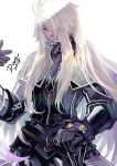  1boy armor black_armor cross darkn2ght_(bluepeppermints) fate/requiem fate_(series) galahad_(fate) gloves hair_over_one_eye highres long_hair male_focus signature simple_background solo white_background yellow_eyes 