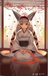  1girl absurdres animal_ear_fluff animal_ears autumn_leaves dated fox_ears fox_girl grey_hair hands_on_lap highres japanese_clothes kimono long_hair long_sleeves looking_at_viewer obi original parted_lips red_eyes reflection sash sitting sketch sleeves_past_wrists smile solo very_long_hair white_kimono wide_sleeves yuuji_(yukimimi) 
