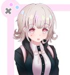  1girl atjdgkra backpack bag bangs black_jacket blush breasts buttons circle commentary_request cross dangan_ronpa dot_nose eyebrows_visible_through_hair flipped_hair happy heart heart_in_eye hood hoodie jacket large_breasts light_brown_hair looking_down nanami_chiaki open_eyes open_mouth out_of_frame pink_eyes red_heart ribbon shiny shiny_hair shirt short_hair solo super_dangan_ronpa_2 symbol_in_eye tongue white_background white_shirt 