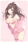  1girl animal_ears bangs bare_shoulders bikini blush border breasts brown_eyes brown_hair choker cibo_(killy) cleavage closed_mouth collarbone hands_in_pockets hips hood hoodie idolmaster idolmaster_shiny_colors jacket large_breasts long_hair long_sleeves looking_at_viewer off_shoulder pink_background pink_bikini pink_jacket pink_legwear ponytail rabbit_ears simple_background smile solo swept_bangs swimsuit thighs tsukioka_kogane white_border 