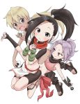  3girls :d ankle_wrap arm_warmers asagao_(kunoichi_tsubaki_no_mune_no_uchi) barefoot bike_shorts black_hair black_scarf blonde_hair blush brown_eyes dark_skin eating feet fingerless_gloves fingernails food food_on_face gloves hands_up highres holding kunai kunoichi_tsubaki_no_mune_no_uchi long_hair looking_at_viewer midriff multiple_girls navel ninja no_socks official_art onigiri open_mouth pelvic_curtain ponytail purple_hair red_eyes red_scarf rice ringed_eyes sandals sazanka_(kunoichi_tsubaki_no_mune_no_uchi) scarf smile stirrup_legwear toeless_legwear toes tsubaki_(kunoichi_tsubaki_no_mune_no_uchi) weapon white_background yamamoto_souichirou 