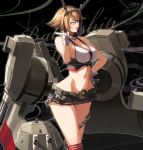  1girl black_skirt breasts brown_hair cannon chains flipped_hair from_side green_hair hand_on_hip headgear kantai_collection large_breasts looking_at_viewer metal_belt midriff mutsu_(battleship) mutsu_(kantai_collection) navel one_eye_closed pleated_skirt red_legwear rigging short_hair skirt smokestack solo standing striped striped_legwear striped_skirt thigh-highs turret upper_body wide_hips yashiro_(silver_will) 