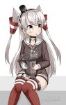  1girl amatsukaze_(kantai_collection) brown_dress brown_eyes commentary_request dress feet_out_of_frame garter_straps gloves hair_tubes hat kantai_collection long_hair looking_to_the_side masara_(masalucky2010) mini_hat red_legwear rensouhou-kun sailor_dress short_dress silver_hair simple_background single_glove sitting striped striped_legwear thigh-highs two_side_up white_background white_gloves windsock 