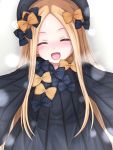  1girl :d abigail_williams_(fate/grand_order) bangs black_bow black_dress black_hat blonde_hair blush bow closed_eyes commentary_request dress eyebrows_visible_through_hair facing_viewer fate/grand_order fate_(series) forehead hair_bow hat head_tilt highres hiyoko_kamen long_hair long_sleeves open_mouth orange_bow outstretched_arms parted_bangs polka_dot polka_dot_bow sleeves_past_fingers sleeves_past_wrists smile solo upper_body very_long_hair 