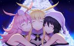  3girls band-width black_hair blonde_hair christmas_tree closed_eyes fate/grand_order fate_(series) group_hug hat head_wings highres hildr_(fate/grand_order) hug multiple_girls night night_sky ortlinde_(fate/grand_order) pink_hair sky smile thrud_(fate/grand_order) valkyrie_(fate/grand_order) 