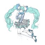  1girl ahoge alternate_costume aqua_hair borrowed_design cleavage_cutout commentary dress english_commentary floating_hair full_body hatsune_miku high_heels highres legs_together long_hair panties_(pantsu-pirate) sketch solo thigh-highs twintails very_long_hair vocaloid white_legwear winter_clothes 