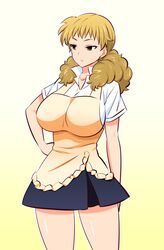  1girl apron blonde_hair blue_skirt breasts collared_shirt cowboy_shot dress_shirt gabayo gradient gradient_background hand_on_hip kondou_kisaki large_breasts long_hair looking_to_the_side miniskirt popped_collar school_uniform shirt short_sleeves skirt white_shirt working!! working!!_(web_manga) yellow_apron yellow_eyes 