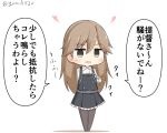  1girl arashio_(kantai_collection) black_legwear brown_eyes brown_hair chibi commentary_request crime_prevention_buzzer dress frilled_dress frills full_body goma_(yoku_yatta_hou_jane) kantai_collection long_hair long_sleeves open_mouth pantyhose pinafore_dress remodel_(kantai_collection) shirt simple_background solo standing translation_request twitter_username white_background white_shirt 