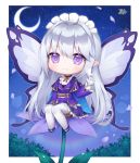  1girl :3 animal animal_on_hand bangs blush butterfly_on_finger chibi closed_mouth commentary_request commission crescent_moon eyebrows_visible_through_hair fairy fairy_wings flower flower-shaped_pupils gloves grey_wings hair_between_eyes hand_up jacket long_hair long_sleeves looking_at_viewer minigirl moon night night_sky on_flower original petals pleated_skirt pong_(vndn124) purple_flower purple_jacket purple_skirt signature silver_hair skirt sky solo star starry_background starry_moon thigh-highs very_long_hair violet_eyes white_footwear white_gloves white_legwear wide_sleeves wings 