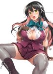  1girl black_hair blouse breasts brown_gloves cleavage commentary_request cover cover_page doujin_cover fang fingerless_gloves gloves grey_legwear hair_down hairband huge_breasts kantai_collection large_breasts long_hair looking_at_viewer multicolored_hair naganami_(kantai_collection) open_mouth pink_hair pleated_skirt remodel_(kantai_collection) shinozuka_jouji short_sleeves sitting skirt smile solo thigh-highs two-tone_hair vest wavy_hair white_blouse white_hairband 