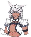  1girl animal_ears armband bangs blue_eyes breasts caenis_(fate) cropped_arms cropped_torso dark_skin fate/grand_order fate_(series) grin hair_between_eyes highres idk-kun looking_at_viewer medium_breasts short_hair simple_background sketch smile solo upper_body white_background white_hair 