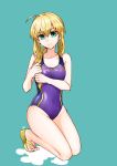 1girl absurdres ahoge artoria_pendragon_(all) blonde_hair blue_background blue_swimsuit chia_aich collarbone competition_swimsuit covered_navel eyebrows_visible_through_hair fate/stay_night fate_(series) green_eyes hair_between_eyes highres kneeling long_hair looking_at_viewer one-piece_swimsuit ponytail saber sidelocks simple_background solo swimsuit 