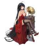  1girl absurdly_long_hair ahoge animal azur_lane bare_shoulders black_cat black_legwear breasts cat choker cleavage collarbone commentary_request cup dress drinking_glass full_body garter_straps hair_between_eyes hair_ornament high_heels holding holding_cup large_breasts legs_crossed long_dress long_hair looking_at_viewer mr_cloud official_art on_chair open_mouth phonograph red_choker red_dress red_eyes red_footwear simple_background sitting skirt_hold solo taihou_(kantai_collection) thigh-highs very_long_hair white_background wine_glass 