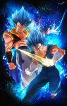  2boys :d absurdres arm_at_side artist_name aura belt blue_eyes blue_hair blurry clenched_hand dougi dragon_ball dragon_ball_super dragon_ball_super_broly dragonball_z earrings energy_blade fighting_stance frown gloves glowing gogeta highres jewelry looking_away male_focus multiple_boys muscle open_mouth outstretched_hand pants potara_earrings serious shaded_face shirtless short_hair smile spiky_hair stomach super_saiyan_blue teeth vegetto white_gloves white_pants wristband 