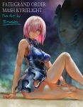  1girl armor armored_dress artist_name bare_shoulders bodysuit breasts closed_mouth commentary_request emuson fate/grand_order fate_(series) faulds hair_over_one_eye hand_on_own_leg highres looking_at_viewer mash_kyrielight pink_hair shield short_hair sitting sleeveless smile thighs violet_eyes 