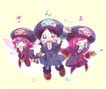   3girls :o adeleine alternate_costume arm_up black_hair blue_eyes blush_stickers chiimako cloak fairy_wings hand_on_hip hat heart kirby:_star_allies kirby_(series) long_hair looking_at_viewer multiple_girls nintendo one_eye_closed open_mouth pink_hair ribbon_(kirby) shawl short_hair simple_background smile susie_(kirby) waving white_background wings