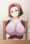  1girl breasts brown_hair chair closed_mouth collarbone crossed_arms frown gabayo hayasugi_sakura head_tilt huge_breasts long_sleeves looking_at_viewer multicolored_hair raglan_sleeves scowl shinkansen_henkei_robo_shinkalion short_hair sitting solo streaked_hair violet_eyes 