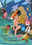 1girl aqua_shorts barefoot boots_removed breasts cleavage collarbone corsola creatures_(company) game_freak gen_1_pokemon gen_2_pokemon gen_3_pokemon goldeen green_eyes gyarados hair_ornament head_tilt horsea kasumi_(pokemon) lake luvdisc midriff mm_(pixiv2899112) navel nintendo one_side_up orange_hair outdoors pokemon pokemon_(anime) pokemon_(classic_anime) pokemon_(creature) politoed psyduck red_eyes short_hair short_shorts shorts sitting sleeveless small_breasts soaking_feet starmie staryu stomach suspender_shorts suspenders yellow_tank_top 