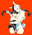  2boys absurdres animal_ears bare_shoulders black_eyes black_hair black_nails blue_eyes boots bunny_boy bunny_tail carrot detached_collar food gloves high_heels highres holding holding_food hug kinako_(marubotan) leotard looking_at_viewer male_focus multiple_boys nail_polish orange_background original rabbit_ears red_pupils simple_background smile standing tail thigh-highs white_gloves white_leotard wrist_cuffs yellow_pupils 