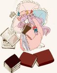 1girl book lying open_book open_mouth pastel_colors patchouli_knowledge pillow purple_hair robe shiroki_(hizumi8) simple_background sleeping solo touhou 