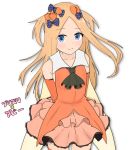  abigail_williams_(fate/grand_order) atsumisu bangs bare_shoulders blonde_hair blue_bow blue_eyes blush bow brown_skirt closed_mouth commentary_request cosplay detached_sleeves eyebrows_visible_through_hair fate/grand_order fate/kaleid_liner_prisma_illya fate_(series) forehead hair_bow highres layered_skirt long_hair orange_bow orange_shirt orange_sleeves parted_bangs pleated_skirt polka_dot polka_dot_bow shirt skirt sleeveless sleeveless_shirt smile star two_side_up very_long_hair white_background 