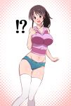  !? 1girl alternate_costume blue_shorts blush breasts brown_eyes brown_hair crop_top embarrassed gabayo large_breasts midriff mihara_futaba multicolored_hair navel nose_blush open_mouth purple_shirt revealing_clothes shinkansen_henkei_robo_shinkalion shirt short_shorts shorts solo standing streaked_hair striped striped_shirt sweat tank_top thigh-highs white_legwear 