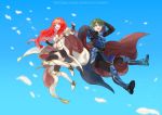  1boy 1girl alm_(fire_emblem) armor armored_boots black_gloves black_legwear blue_background boots breastplate cape celica_(fire_emblem) copyright_name dress fingerless_gloves fire_emblem fire_emblem_echoes:_mou_hitori_no_eiyuuou futabaaf gloves green_eyes green_hair high_heels long_hair nintendo open_mouth petals red_eyes redhead short_hair simple_background thigh-highs tiara zettai_ryouiki 