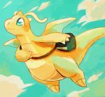  blue_sky claws closed_mouth clouds cloudy_sky creature creatures_(company) day dragon dragonite flying game_freak gen_1_pokemon happy nintendo no_humans outdoors pokemon pokemon_(creature) rinnai-rai sky smile solo wings 