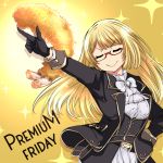  1girl arm_up belt black_gloves blonde_hair character_request closed_eyes commentary_request english_text food glasses gloves granblue_fantasy grimjin highres long_hair pointing ribbon smile solo sparkle tempura yellow_background 