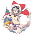  1girl bangs bell bikini black_bikini breasts christmas_tree cloak fur_trim goggles goggles_on_head hair_between_eyes hood jiyu2 large_breasts micro_bikini navel open_mouth original purple_ribbon red_eyes ribbon sack santa_costume short_hair silver_hair simple_background solo swimsuit thighs tsurime white_background wreath 