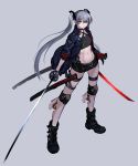  1girl absurdres android asagon007 dual_wielding green_eyes hair_between_eyes highres holding jacket katana long_hair looking_at_viewer navel original science_fiction silver_hair simple_background solo sword twintails weapon 