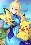  1girl :3 :d ^_^ artist_name bangs blonde_hair blue_bodysuit blue_eyes blue_sky blush bodysuit breasts carrying closed_eyes closed_eyes closed_mouth covered_navel creatures_(company) eating floating_island food fruit game_freak gen_1_pokemon gen_2_pokemon grass hair_between_eyes highres ippers long_hair looking_at_another looking_down macaron medium_breasts metroid mole mole_under_mouth nintendo open_mouth orange pastry pichu pikachu pokemon pokemon_(creature) ponytail samus_aran sitting sitting_on_lap sitting_on_person sky smile super_smash_bros. super_smash_bros._ultimate swept_bangs zero_suit 