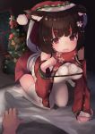  1girl all_fours animal_ears azur_lane breasts brown_hair christmas christmas_tree detached_sleeves dress eyebrows_visible_through_hair fang floral_print hat highres looking_at_viewer medium_breasts momiji_manjuu_(usagiblackmore) night open_mouth paw_pose pom_pom_(clothes) pov red_dress red_eyes santa_hat short_dress short_hair snowing solo_focus thigh-highs thighs white_legwear window yamashiro_(azur_lane) zettai_ryouiki 