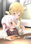  2girls abutomato air_conditioner blonde_hair blush cellphone drill_hair feeding food fruit highres kotatsu long_hair mahou_shoujo_madoka_magica mandarin_orange momoe_nagisa multiple_girls open_mouth phone signature sitting sitting_on_lap sitting_on_person smartphone table tomoe_mami twin_drills white_hair yellow_eyes 