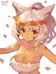  1girl ahoge animal_ear_fluff animal_ears autumn_leaves bare_shoulders breasts cleavage closed_mouth collarbone dated facial_hair fox_ears fox_girl head_wreath long_hair looking_at_viewer medium_breasts original ponytail silver_hair simple_background smile solo strapless upper_body white_background yuuji_(yukimimi) 