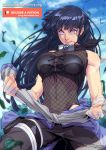  1girl bandage bandaged_hands bandages bangs bare_shoulders black_hair black_pants blue_sky blunt_bangs breasts clenched_hands closed_mouth clouds covered_navel falling_leaves fighting fishnet_top fishnets forehead_protector hyuuga_hinata lavender_eyes leaf naruto_(series) naruto_shippuuden ninja pants pouch shirt sky strapless tied_shirt tree tying veins xong 