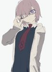 1girl closed_mouth fate/grand_order fate_(series) grey_background grey_jacket hair_over_one_eye head_tilt hirota_tsuu jacket long_sleeves looking_at_viewer mash_kyrielight necktie one_eye_covered open_clothes open_jacket pink_hair red_neckwear simple_background solo upper_body violet_eyes 
